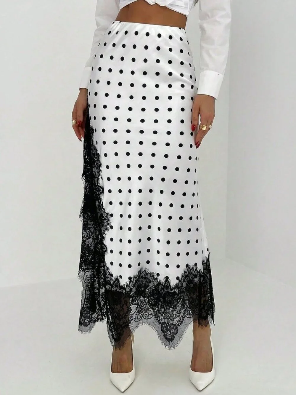 Black And White Elegant Women's Polka Dot Print Lace Patchwork Skirt
